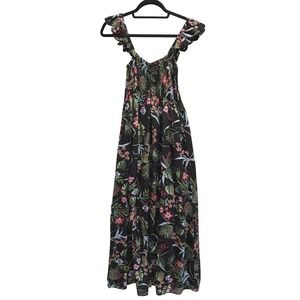 Tropical Floral Maxi Dress Smocked Flutter Sleeve Black Women Raviva Fairy Med